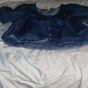 Old Navy Blue Denim Button-Up Blouse – Feminine Lace Detail – Size Small